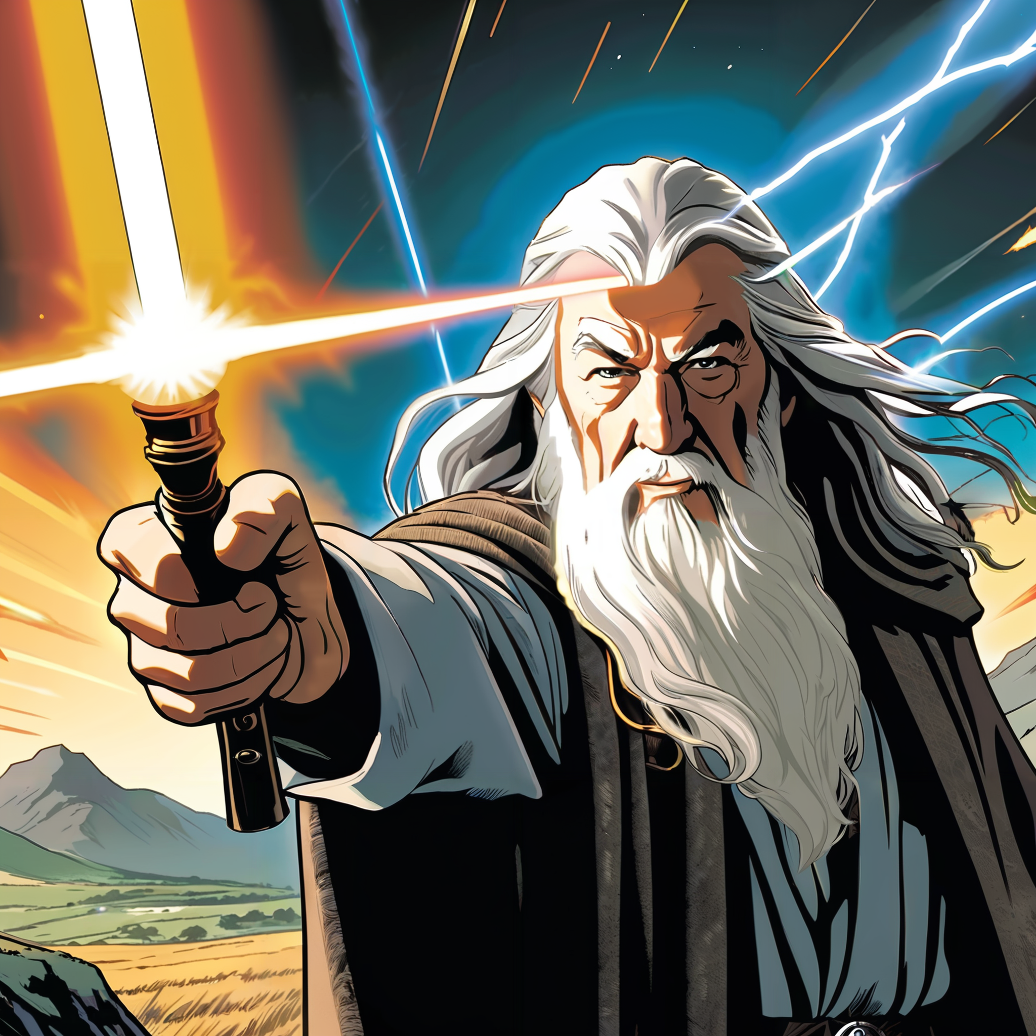 00048-2184080572-Gandalf the Grey holding   Assault Rifle shooting  glowing laser beams ,middle earth, plains, comicbook style, explotions, comic.png